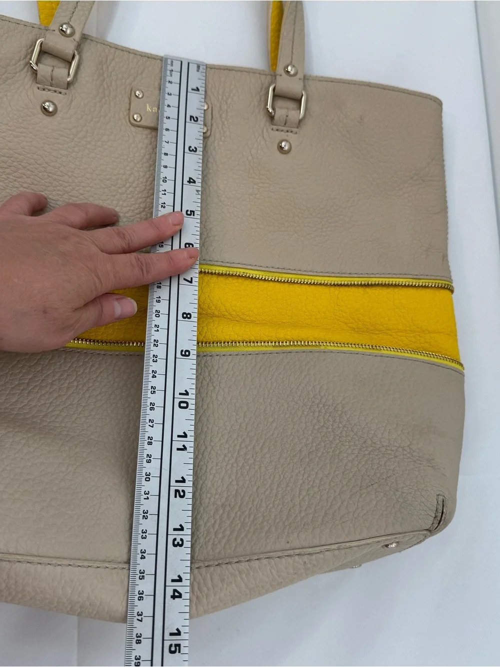 Kate Spade Grove Court Michelle TAN PEARL YELLOW Expandable Leather Large Tote